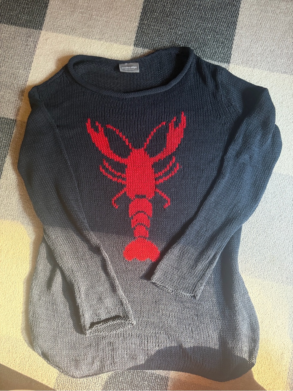 Wooden Ships Navy Crewneck Sweater with Red Lobster Motif